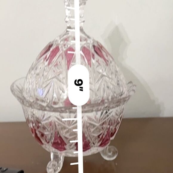 Vintage Ruby Red & Clear Cut Glass Covered Candy Dish with Lid – Footed, 9” - Picture 1 of 4